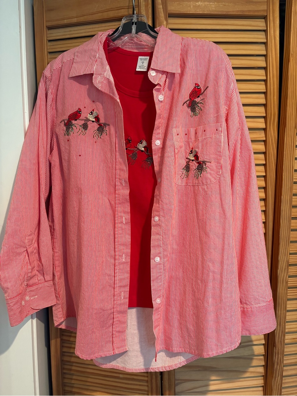 Vintage Country Store Cardinal Striped Button Up Top & Embroidered Red T-Shirt